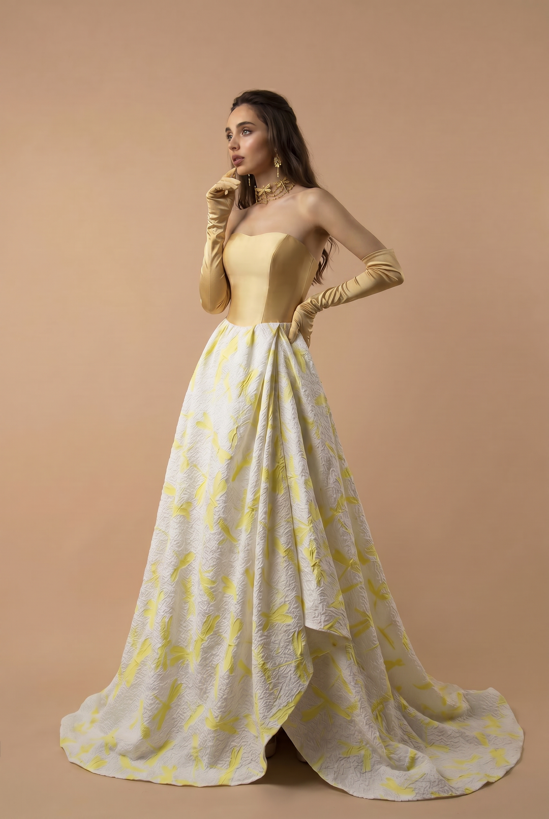 Yellow Evening Dress with Lace-Up Back - Yellow Evening Gown with Flowing Skirt