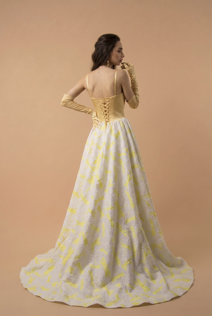 Yellow Evening Dress with Lace-Up Back - Yellow Evening Gown with Flowing Skirt - Yellow Wedding Guest Dress Plus Size