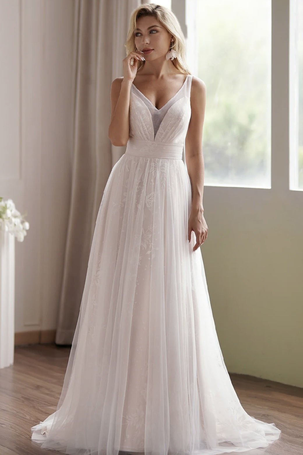 A-Line Princess V-Neck Sweep Train Tulle Lace Wedding Dress - WonderlandByLilian