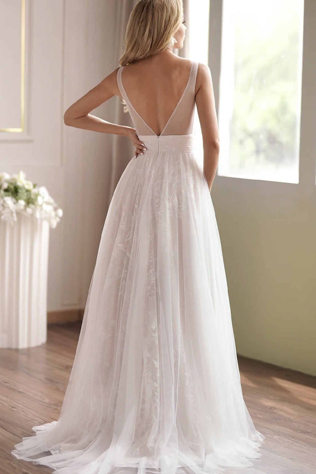 A-Line Princess V-Neck Sweep Train Tulle Lace Wedding Dress - WonderlandByLilian