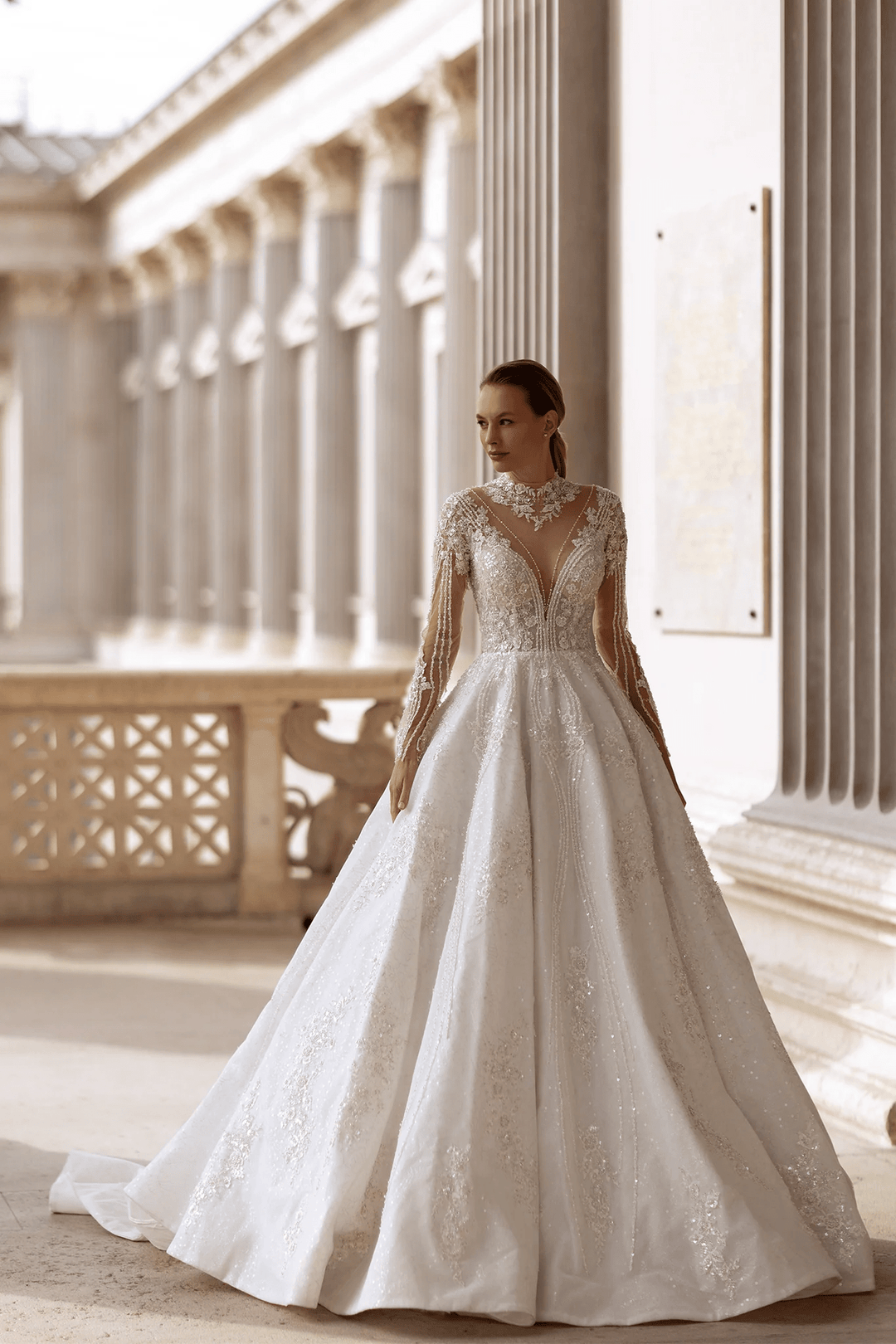 A - Line Wedding Dress with High Neck – Long Sleeves Wedding Dress with Floral Lace and Rhinestone Details Plus Size - WonderlandByLilian