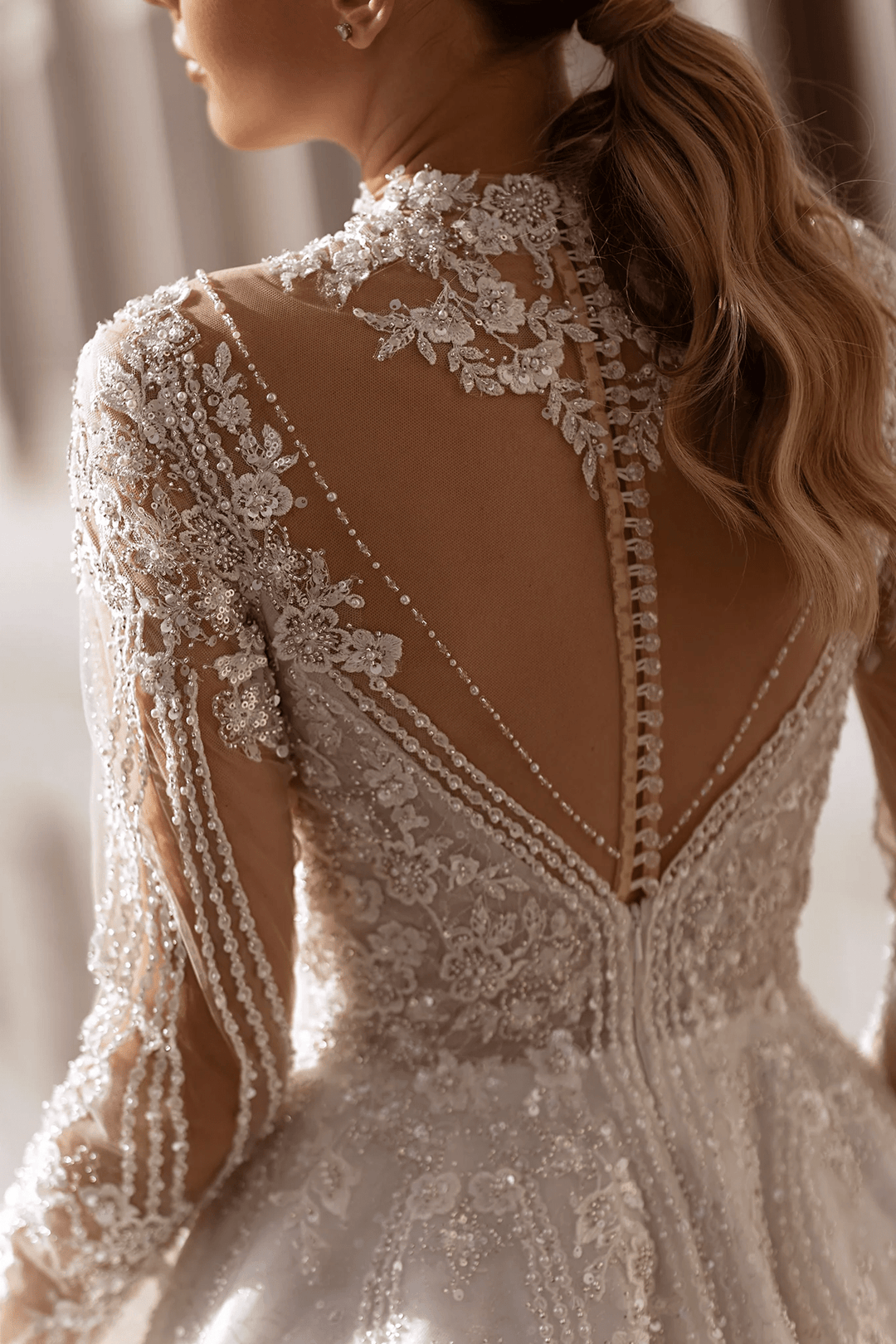 A - Line Wedding Dress with High Neck – Long Sleeves Wedding Dress with Floral Lace and Rhinestone Details Plus Size - WonderlandByLilian
