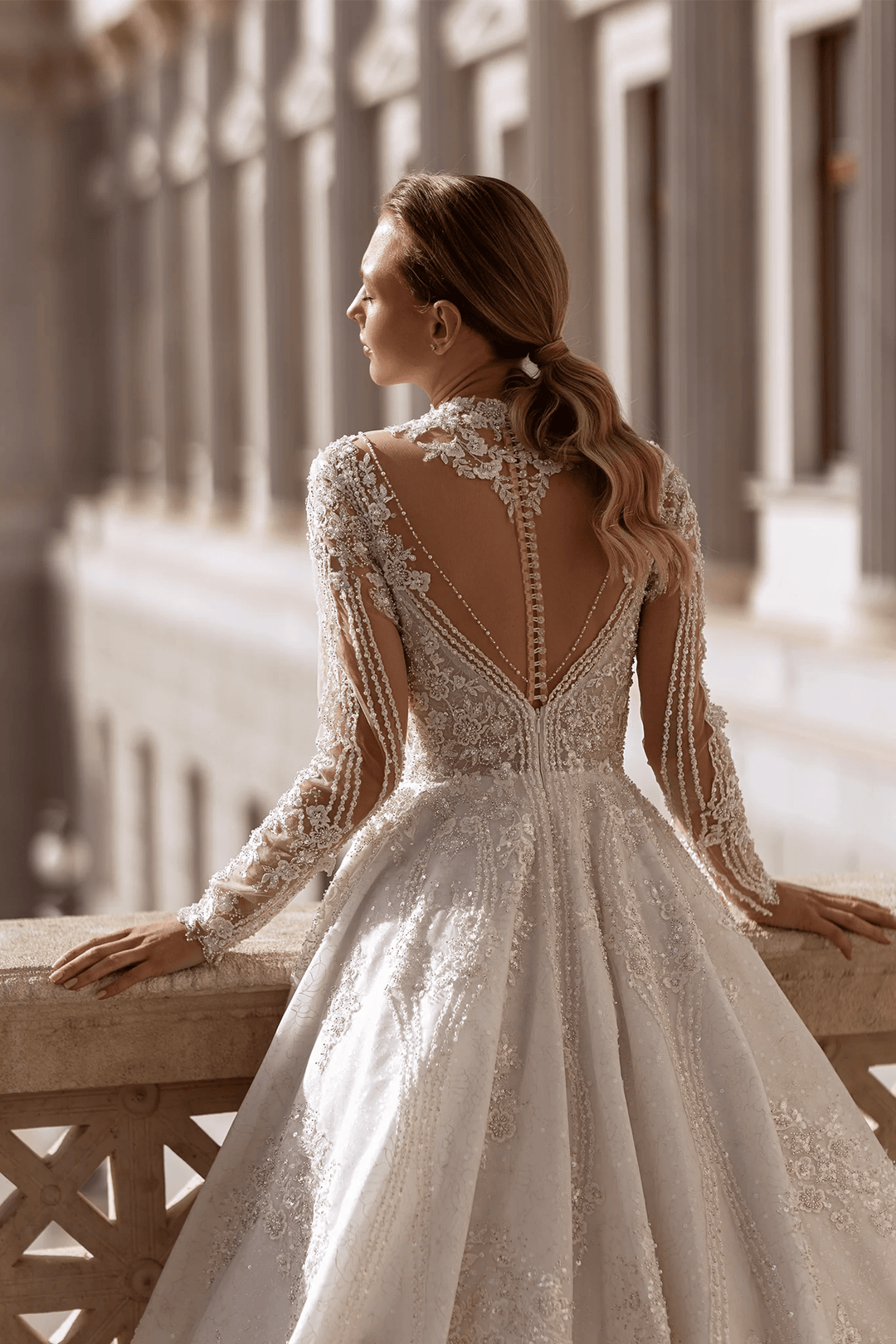 A - Line Wedding Dress with High Neck – Long Sleeves Wedding Dress with Floral Lace and Rhinestone Details Plus Size - WonderlandByLilian