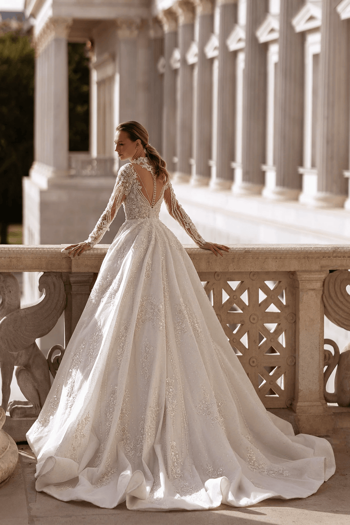 A - Line Wedding Dress with High Neck – Long Sleeves Wedding Dress with Floral Lace and Rhinestone Details Plus Size - WonderlandByLilian