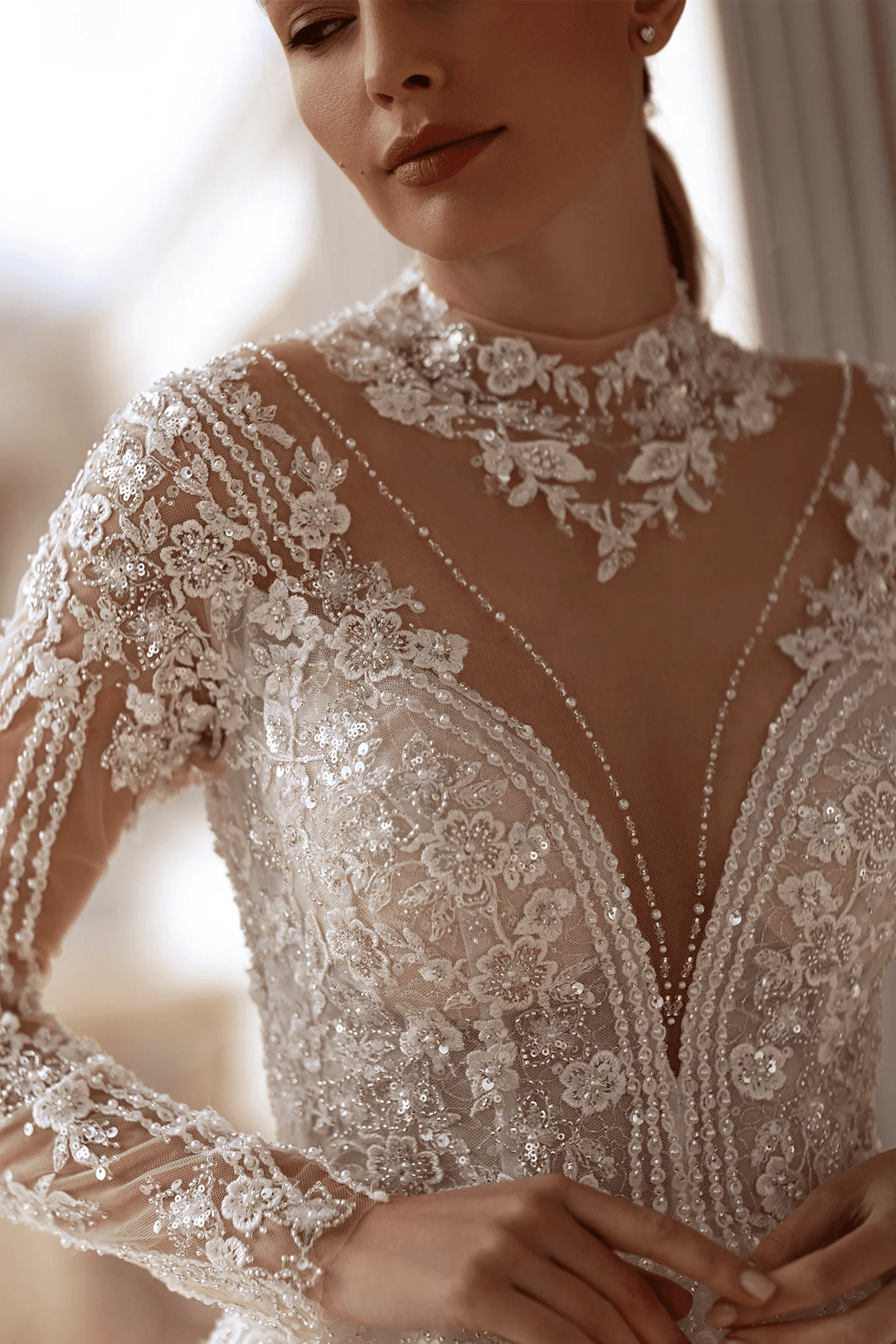 A - Line Wedding Dress with High Neck – Long Sleeves Wedding Dress with Floral Lace and Rhinestone Details Plus Size - WonderlandByLilian