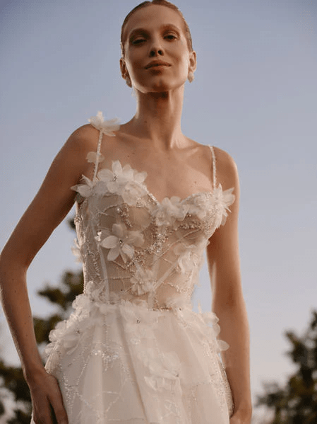 A - Line Wedding Gown with Embroidered Lace – Floral Applique Dress with Crystal - Embellished Straps and Sweetheart Neckline Plus Size - Flora - WonderlandByLilian
