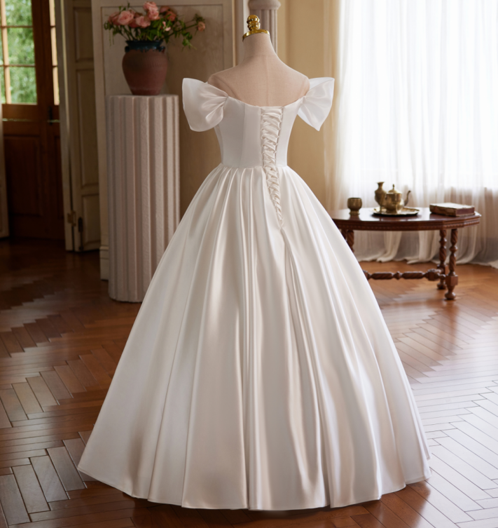 White Off the Shoulder Wedding Dress with Puff Sleeves – Simple Satin Wedding Dress with Floral Detail Plus Size
