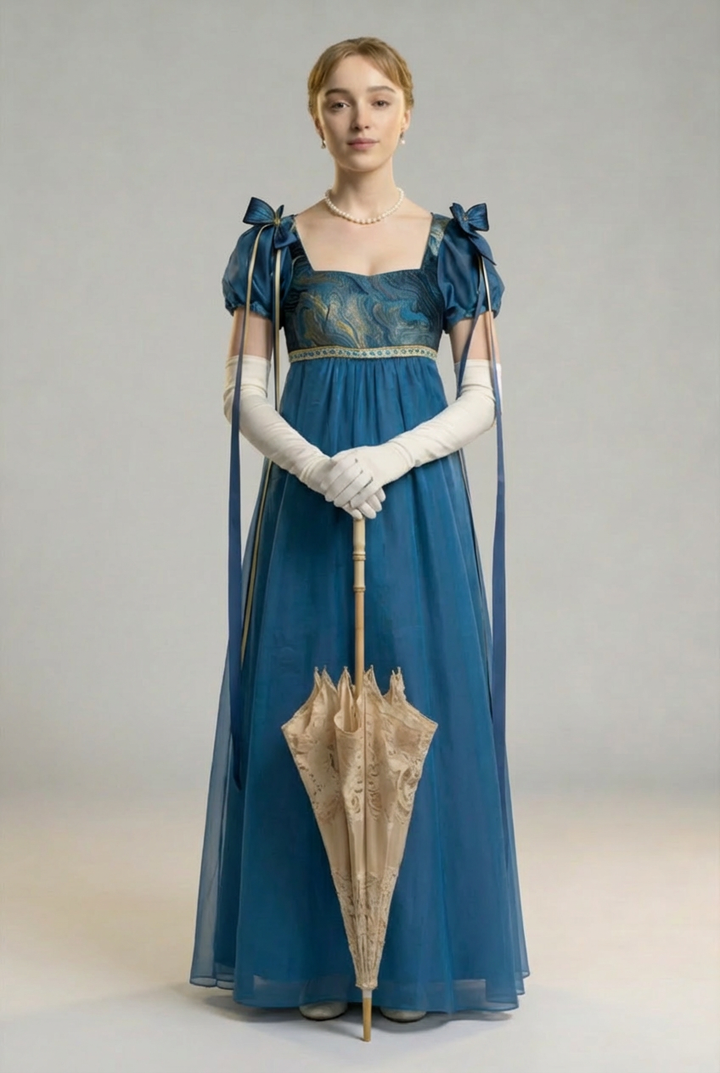 Regency Era Teal Empire Waist Chiffon Dress with Lace Bodice and Puff Sleeves – Bridgerton Inspired Vintage Gown Plus Size