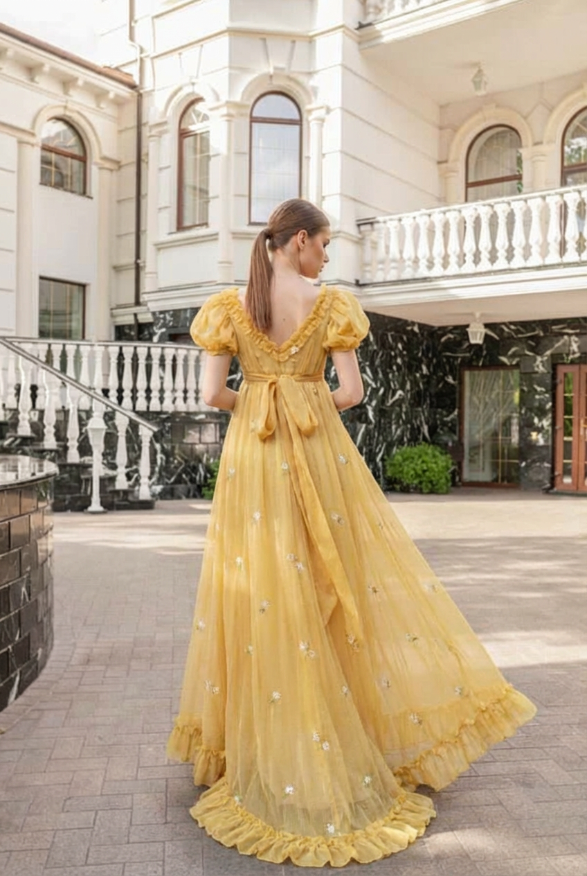 Romantic Yellow Regency Era Embroidered Dress With Ruffle - Empire Wai WonderlandByLilian Romantic Yellow Regency Era Embroidered Dress With Ruffle - Empire Wai WonderlandByLilian