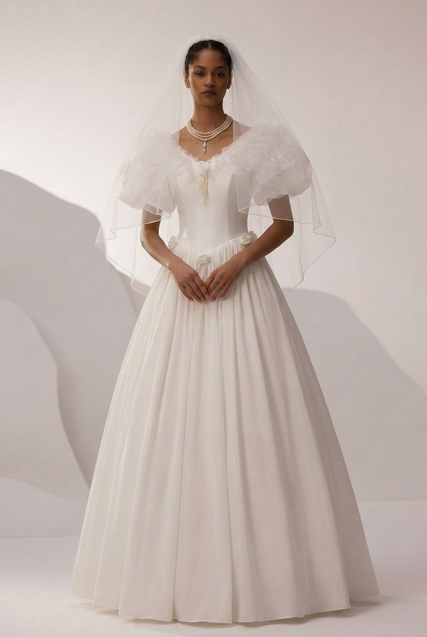Antique Vintage Victorian Ivory White Satin A-Line Wedding Dress with Ruffled Sleeves and Floral Appliqus - Plus Size Antique Vintage Victorian Ivory White Satin A-Line Wedding Dress with Ruffled Sleeves and Floral Appliqus - Plus Size
