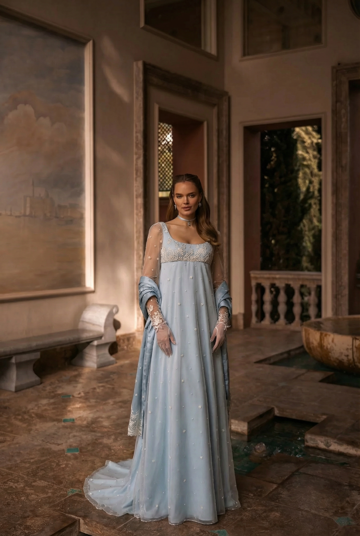 Bridgerton Inspired Daphne Blue Lace Dress Sleeveless - Regency Era Blue Empire Waist Dress Plus Size