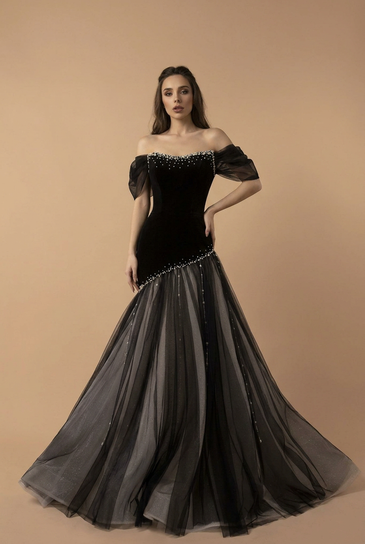 Gothic Black Velvet Ball Gown with Pearl Embellishment - Off the Shoulder Tulle Evening Dress with Corset Back - Elegant Black Formal Dress Plus Size