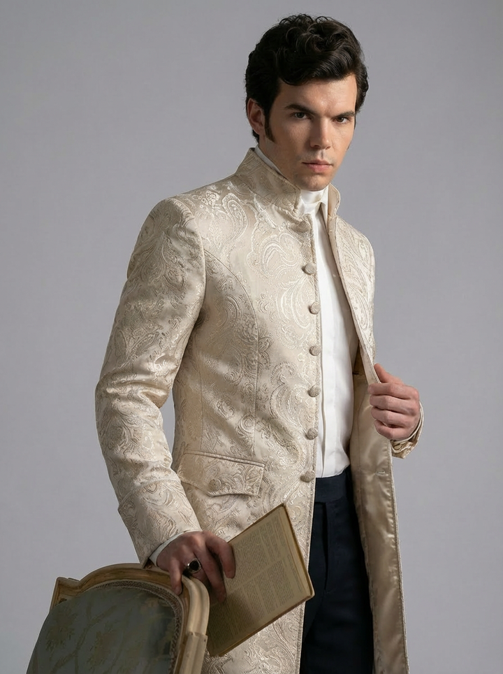 Bridgerton Inspired Vintage Style Regency Era Jacquard Beige Long Coat For Men - Ball Event Menswear - Plus Size
