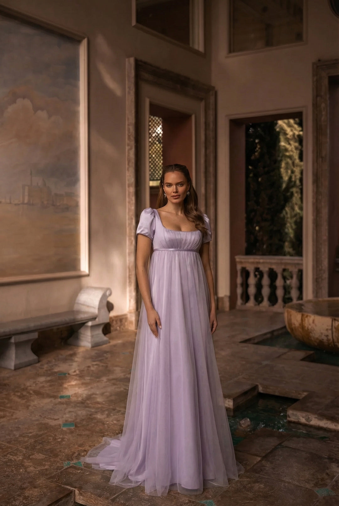 Bridgerton Daphne Purple Dress With Gauze - Regency Era Purple Satin Wedding Dress Plus Size