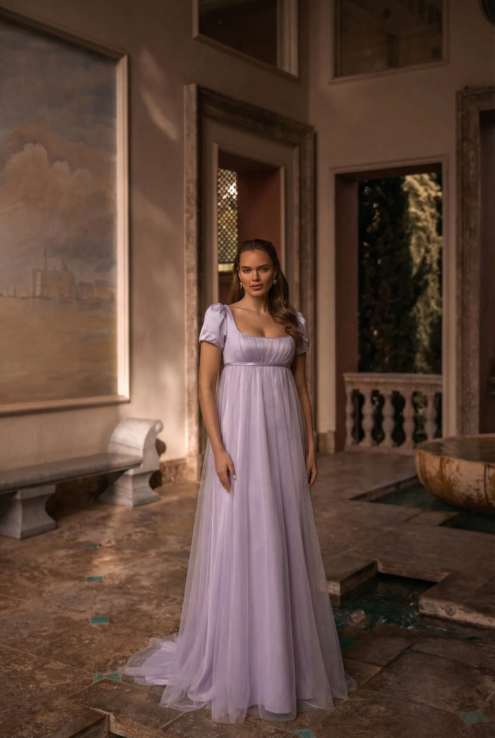 Bridgerton Daphne Purple Dress With Gauze - Regency Era Purple Satin Wedding Dress Plus Size