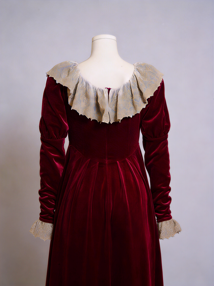 Bridgerton Inspired Regency Era Burgundy Velvet Empire Waist Dress with Gold Lace Collar and Long Sleeves Plus Size