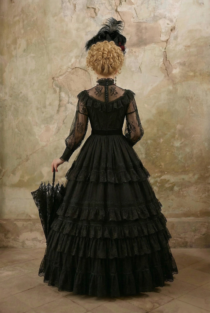 Edwardian Style Gothic Black Long Dress - Victorian Lace Dress Plus Size