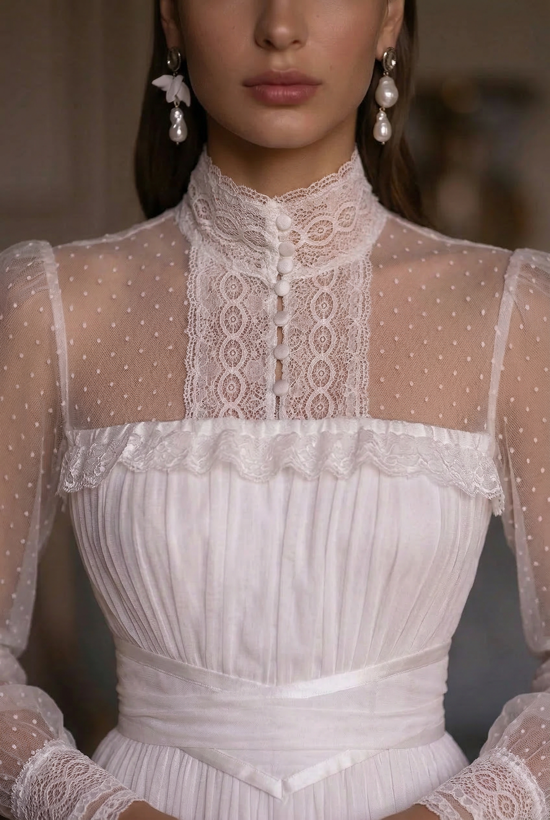 Gunne Sax Inspired White Lace Victorian Modest Wedding Dress 1980s- Long Sleeve