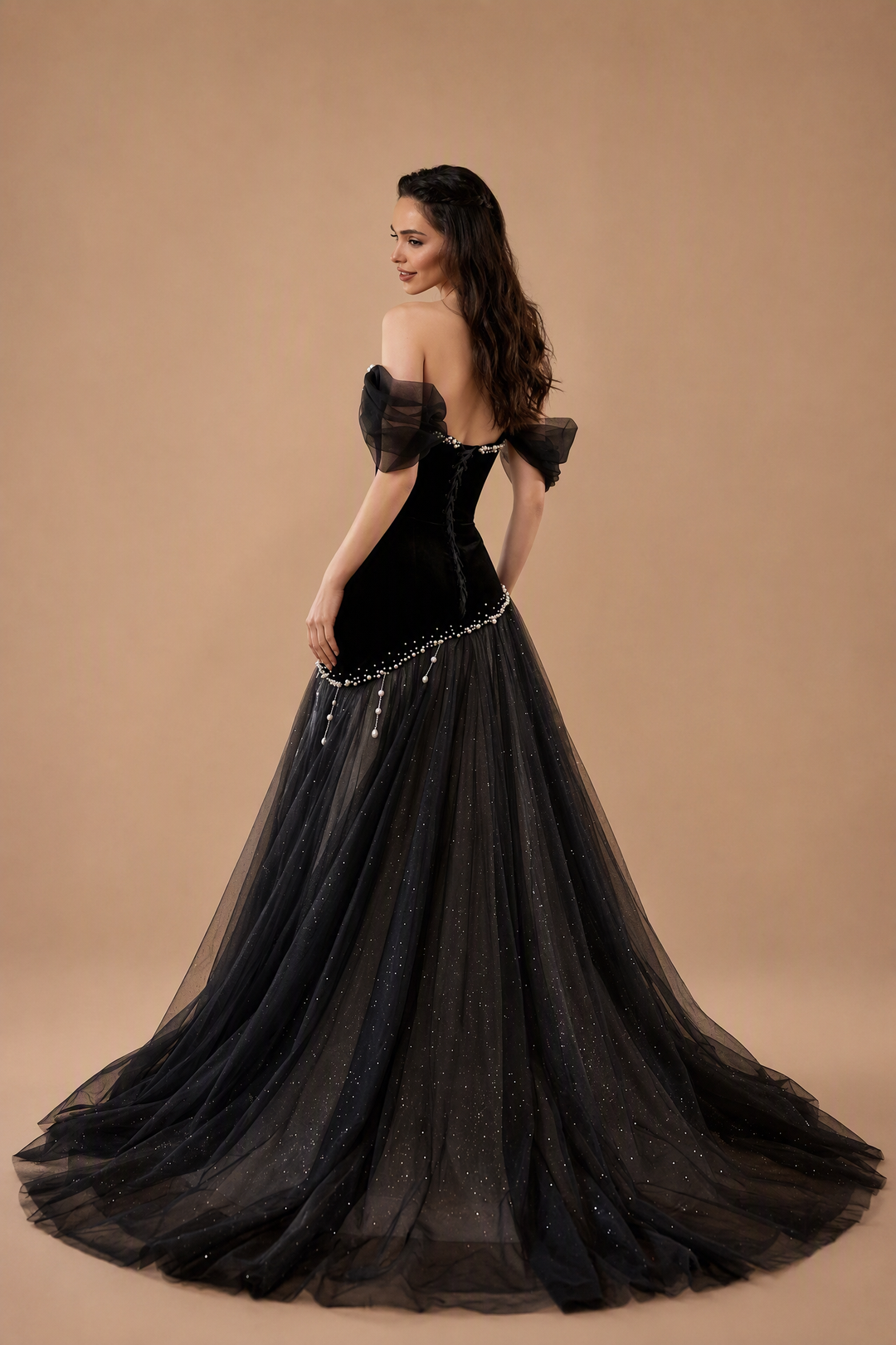 Gothic Black Velvet Ball Gown with Pearl Embellishment - Off the Shoulder Tulle Evening Dress with Corset Back - Elegant Black Formal Dress Plus Size