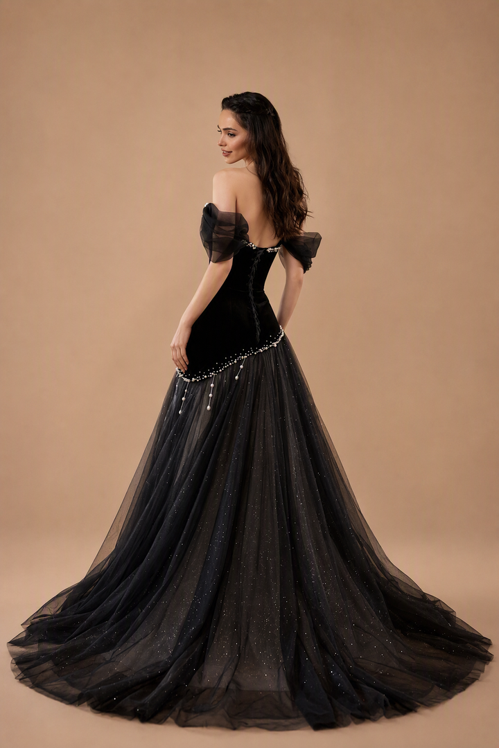 Gothic Black Velvet Ball Gown with Pearl Embellishment - Off the Shoulder Tulle Evening Dress with Corset Back - Elegant Black Formal Dress Plus Size