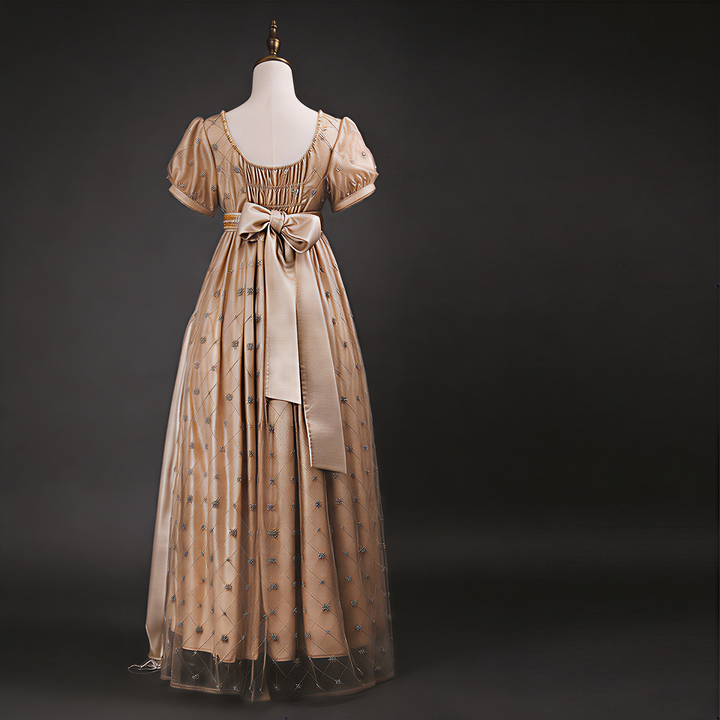Regency Era Champagne Empire Waist Dress with Gold Beaded Embroidery and Puff Sleeves – Bridgerton Inspired Vintage Gown Plus Size