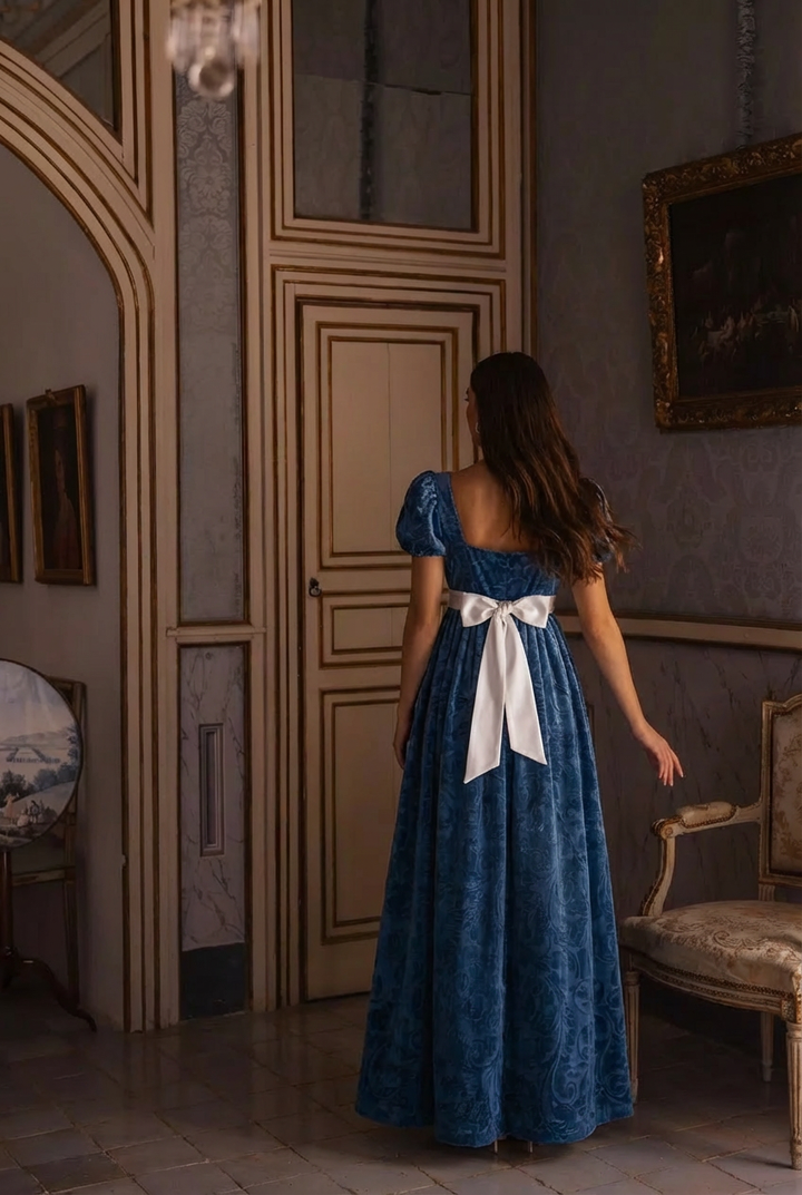 Bridgerton Inspired Regency Era Sapphire Velvet Jacquard Dress - Regency Era Ball Gown Plus Size