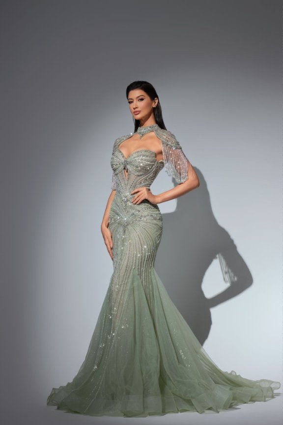 Sage Green Mermaid Sequin Gown - Sequins Evening Gown - Sequin Ball Gown with Beaded Cape Plus Size
