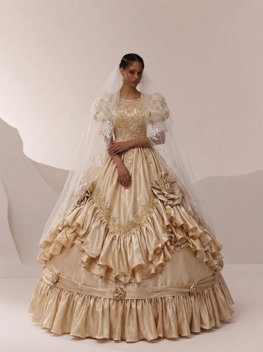 Golden Satin Vintage Antique Wedding Dress with Embroidered Ruffles