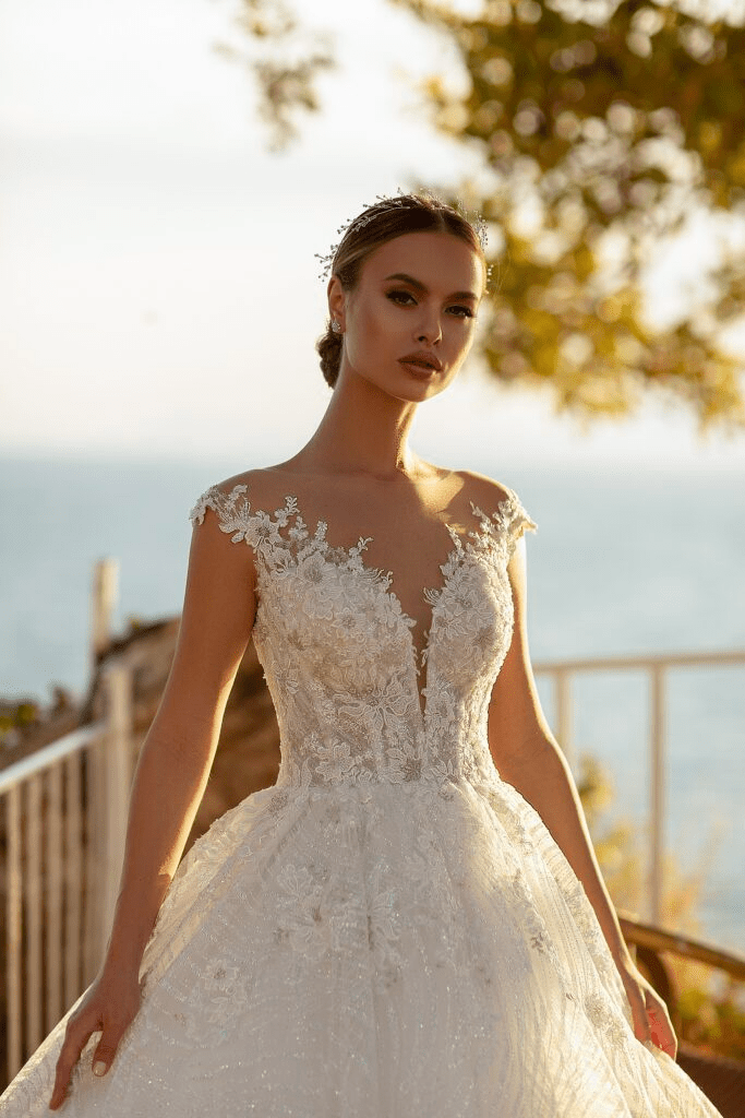 Aline Ball Gown Wedding Dress - Floral Wedding Dress with Lace - Dress with Plunging Neckline Plus Size - WonderlandByLilian