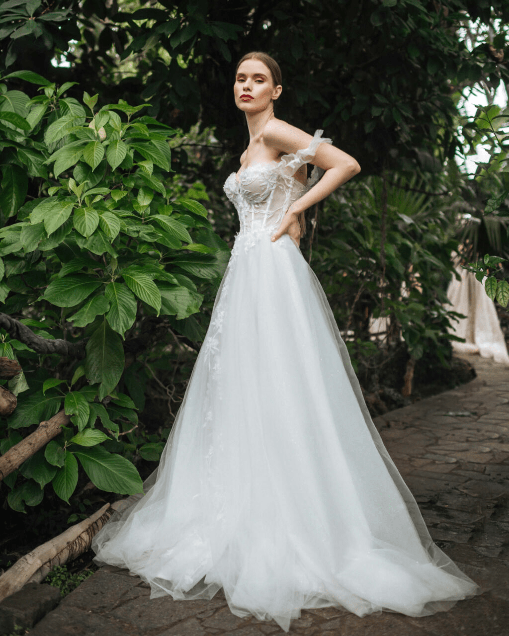 Aline Ball Gown Wedding Dress with Lace Straps - Floral Applique Wedding Dress with Tulle Skirt Plus Size - ELINA - WonderlandByLilian