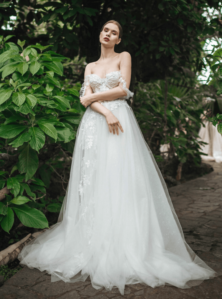 Aline Ball Gown Wedding Dress with Lace Straps - Floral Applique Wedding Dress with Tulle Skirt Plus Size - ELINA - WonderlandByLilian