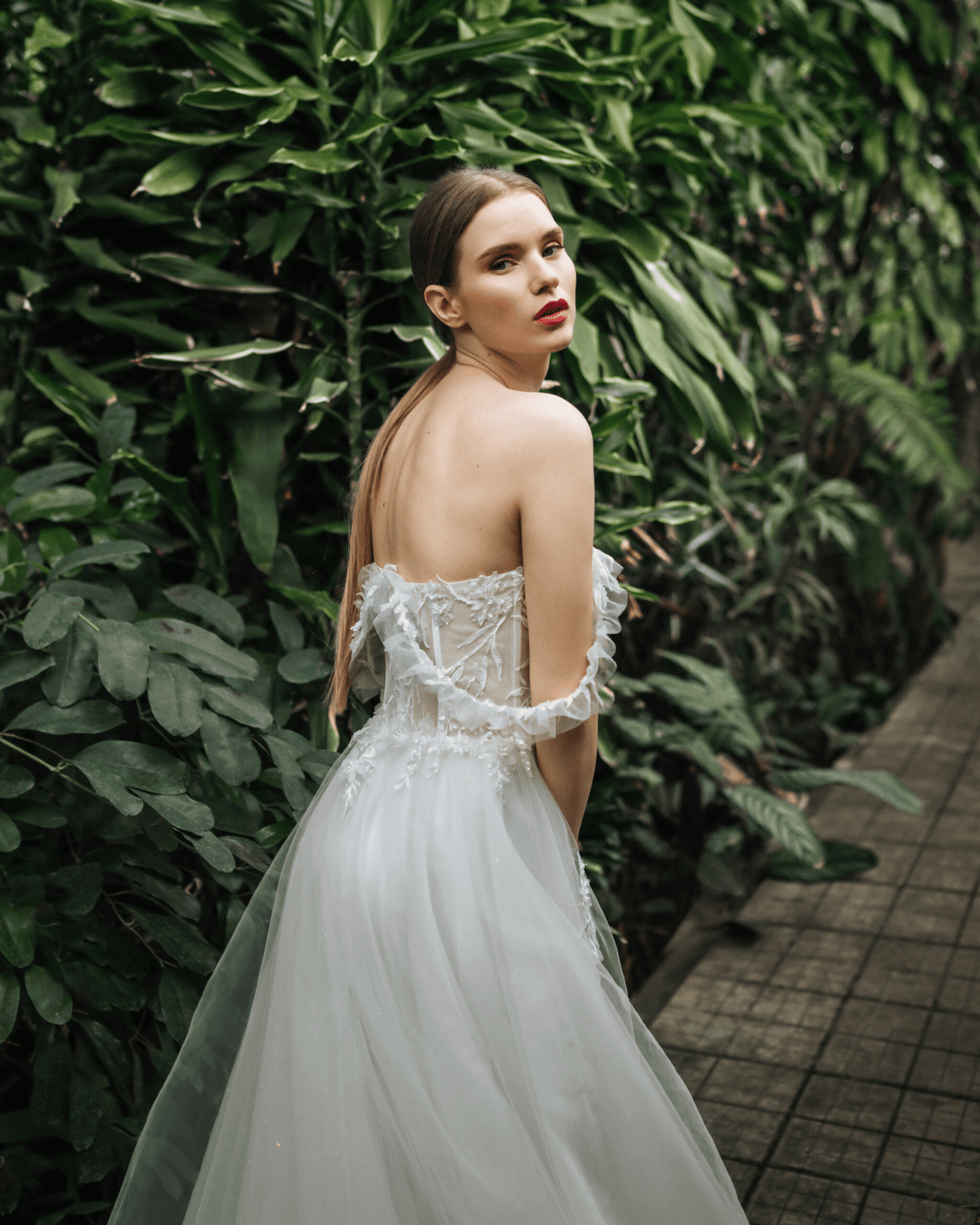 Aline Ball Gown Wedding Dress with Lace Straps - Floral Applique Wedding Dress with Tulle Skirt Plus Size - ELINA - WonderlandByLilian