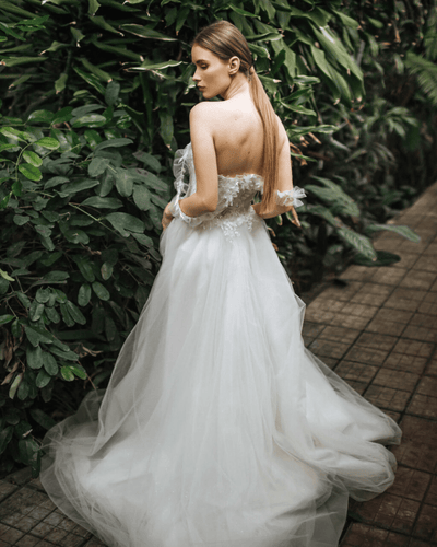 Aline Ball Gown Wedding Dress with Lace Straps - Floral Applique Wedding Dress with Tulle Skirt Plus Size - ELINA - WonderlandByLilian