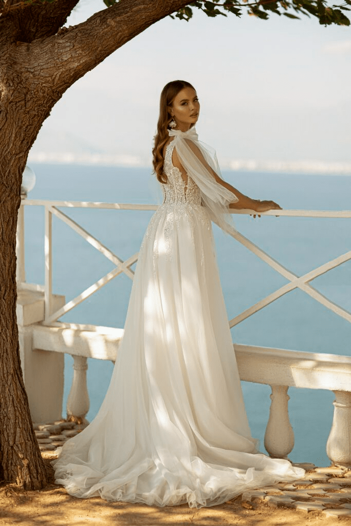 Aline Ball Gown Wedding Dress with Long Sleeves - Floral Beaded Dress - Princess Wedding Gown with Bow Plus Size - WonderlandByLilian