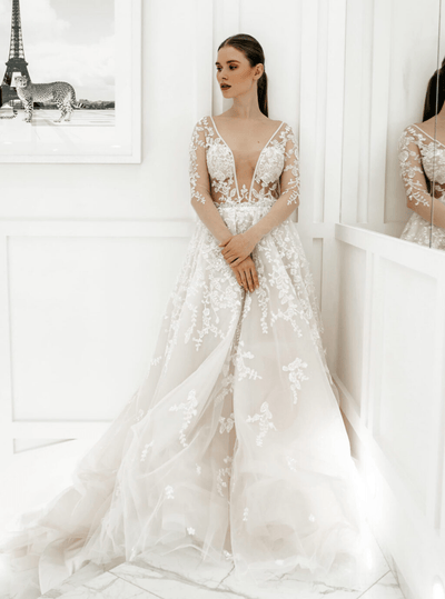 Aline Wedding Dress and Floral applique Wedding Dress - Sheer Bridal Gown with Open Back Plus Size - MONACO - WonderlandByLilian