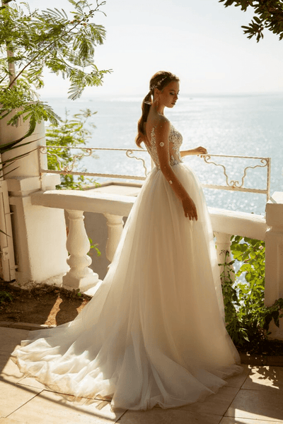 Aline Wedding Dress with Lace Sleeves - Floral Beaded Dress - Lace Bodice Wedding Gown Plus Size - WonderlandByLilian