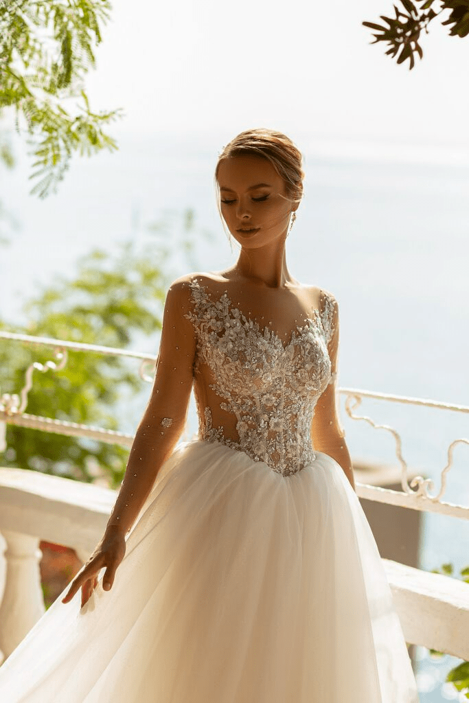 Aline Wedding Dress with Lace Sleeves - Floral Beaded Dress - Lace Bodice Wedding Gown Plus Size - WonderlandByLilian