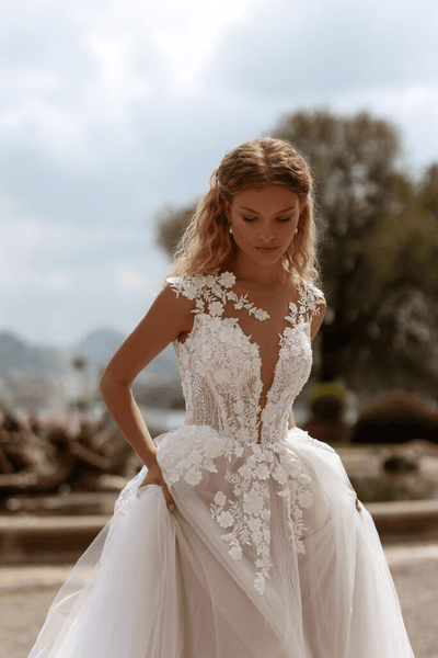 Aline Wedding Dress with Lace Sleeves - Foral Lace Wedding Dress - Sheer Corset Dress with Train Plus Size - WonderlandByLilian