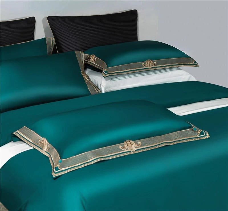 Anahi Green Embroidered Motif Border Egyptian Cotton Bedding Set - WonderlandByLilian