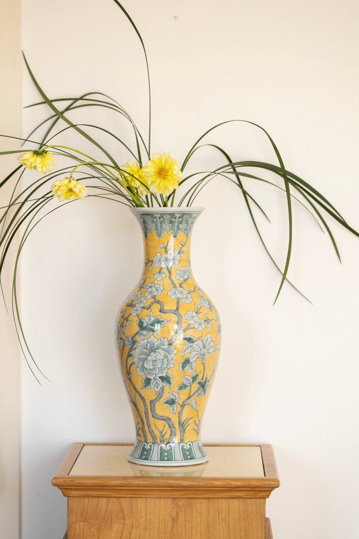 Antique European Imported Handmade Yellow Porcelain Vase with Hand - Painted Floral Motifs - WonderlandByLilian