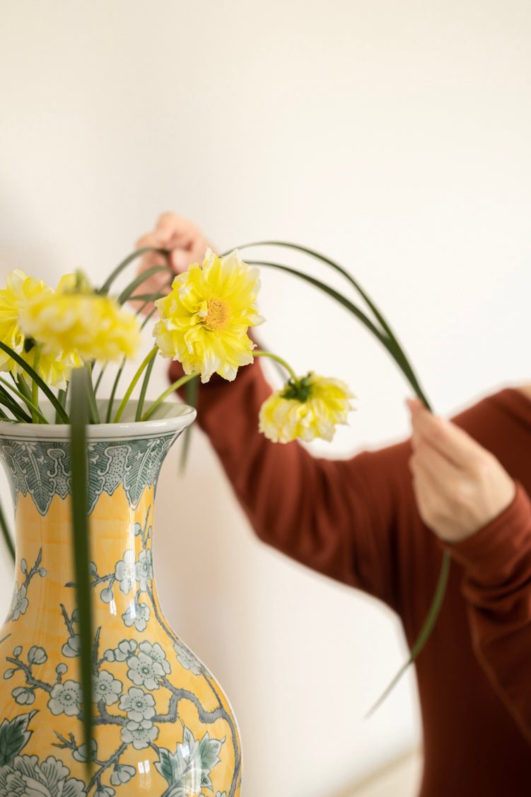 Antique European Imported Handmade Yellow Porcelain Vase with Hand - Painted Floral Motifs - WonderlandByLilian
