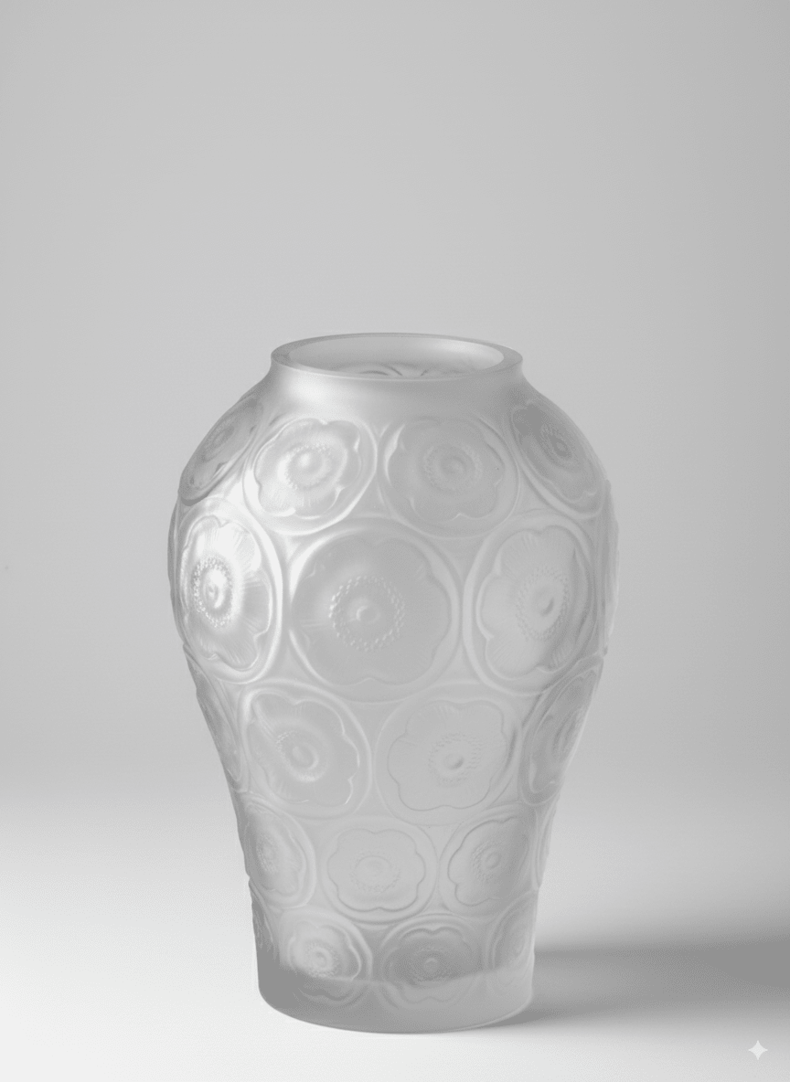 Antique French Handcrafted Transparent Frosted Crystal Glass Vase with Embossed Floral Motifs - WonderlandByLilian