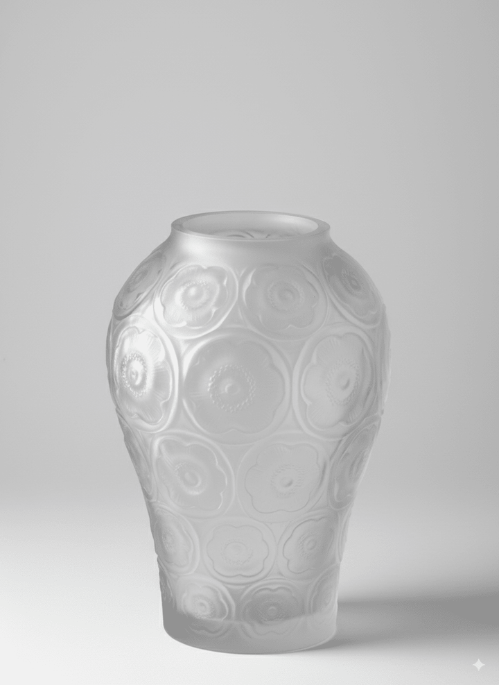Antique French Handcrafted Transparent Frosted Crystal Glass Vase with Embossed Floral Motifs - WonderlandByLilian