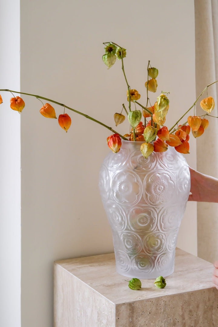 Antique French Handcrafted Transparent Frosted Crystal Glass Vase with Embossed Floral Motifs - WonderlandByLilian