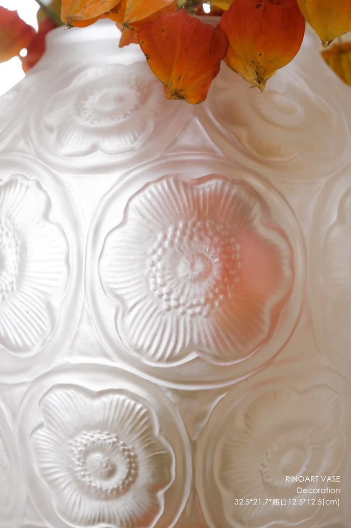 Antique French Handcrafted Transparent Frosted Crystal Glass Vase with Embossed Floral Motifs - WonderlandByLilian