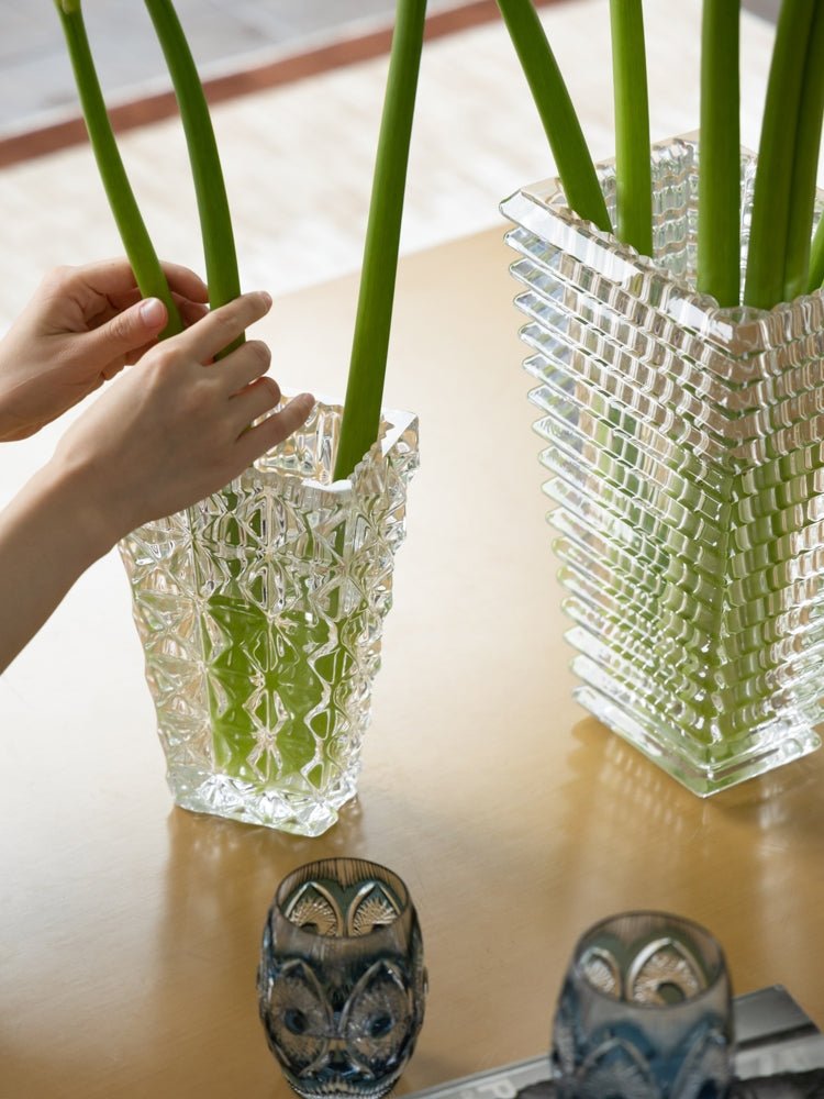 Antique French Handmade Pure Carved Crystal Vase with Rectangular Architectural Design - WonderlandByLilian