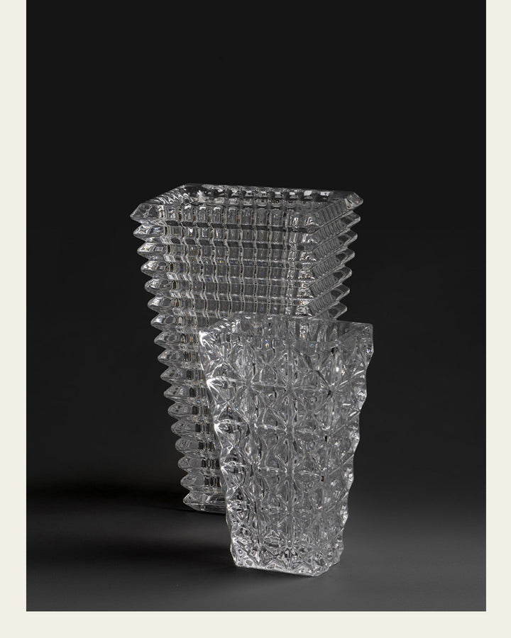 Antique French Handmade Pure Carved Crystal Vase with Rectangular Architectural Design - WonderlandByLilian