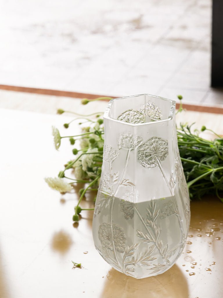 Antique French Handmade White Frosted Crystal Blown Glass Vases with Floral Relief Design - WonderlandByLilian