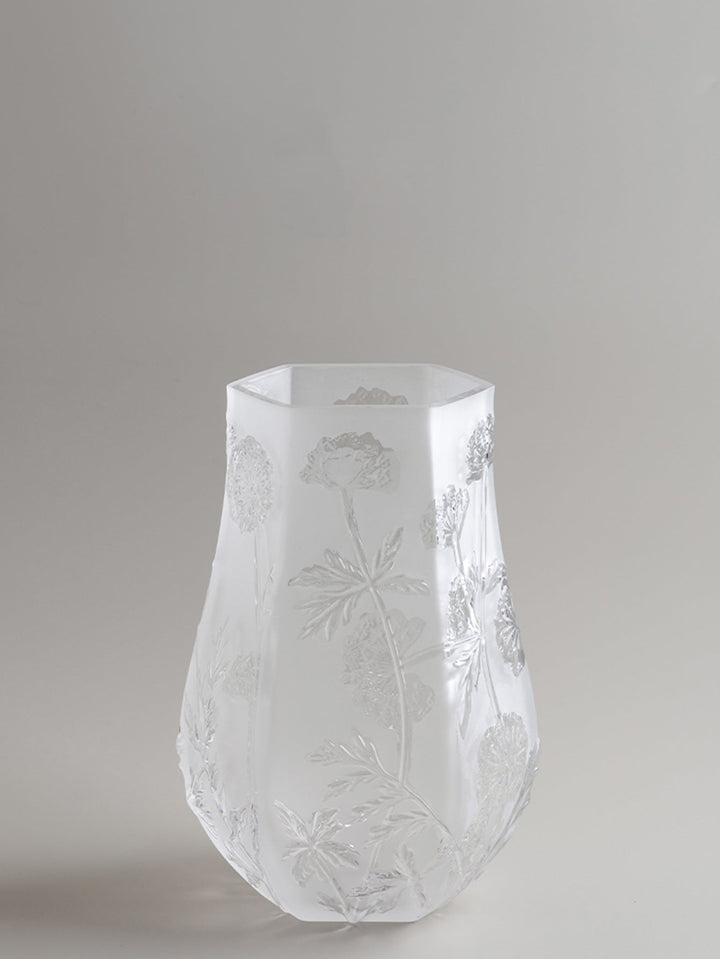 Antique French Handmade White Frosted Crystal Blown Glass Vases with Floral Relief Design - WonderlandByLilian