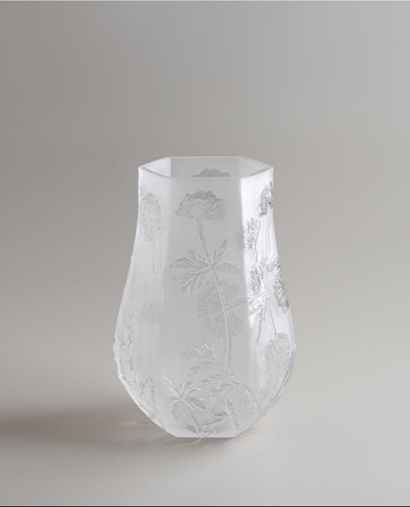 Antique French Handmade White Frosted Crystal Blown Glass Vases with Floral Relief Design - WonderlandByLilian